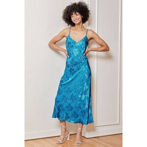 Lulus All For Love Blue Floral Jacquard Midi Slip Dress Womens L Blue Floral
